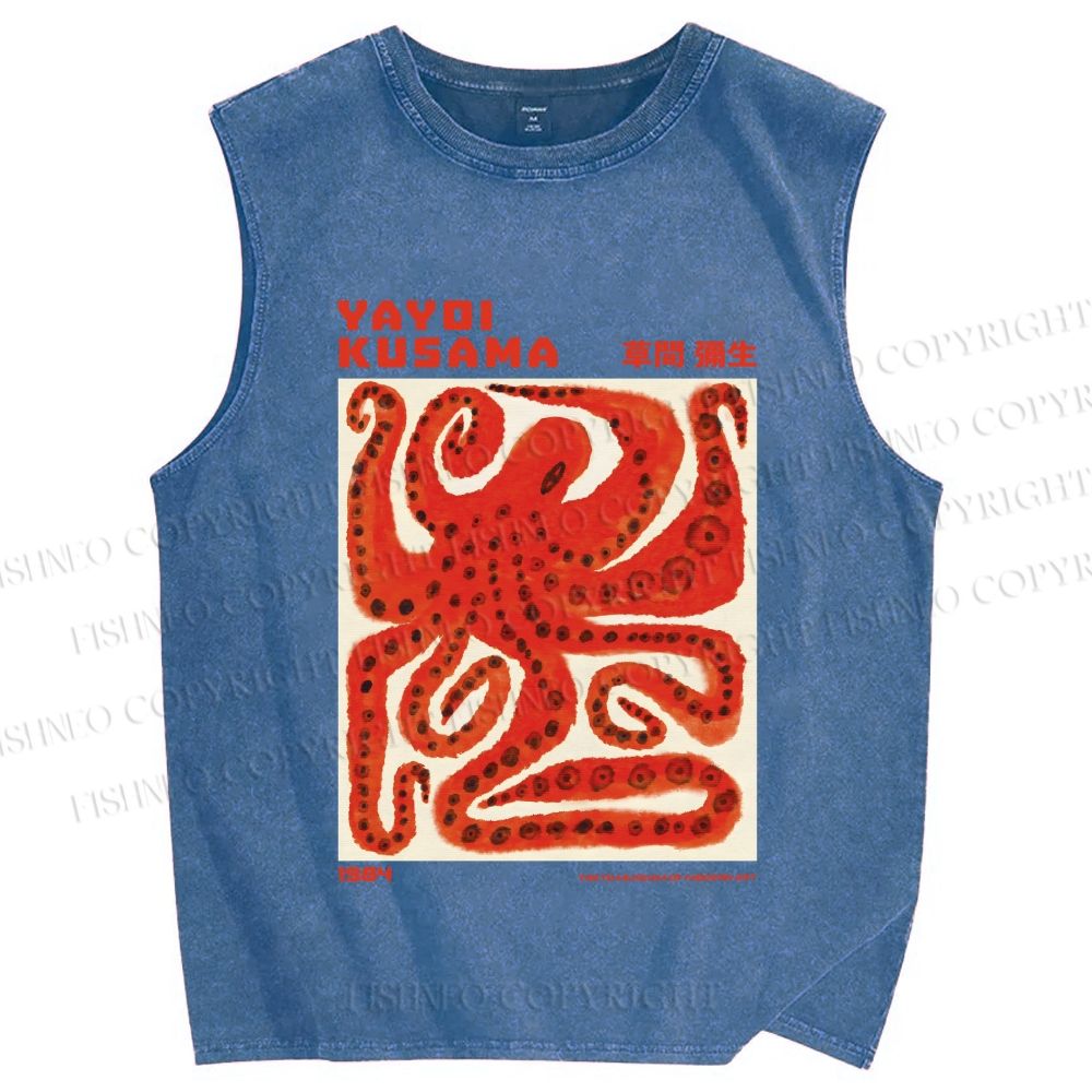 Unisex Yayoi Kusama Red Octopus in Square Printed Washed Tank Top