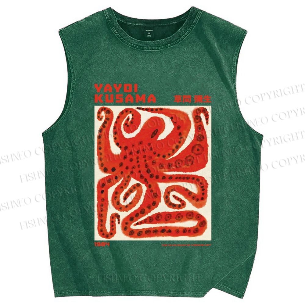 Unisex Yayoi Kusama Red Octopus in Square Printed Washed Tank Top
