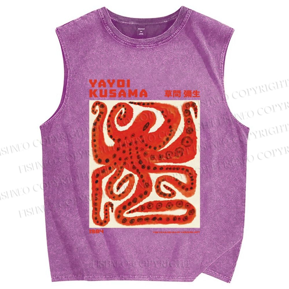 Unisex Yayoi Kusama Red Octopus in Square Printed Washed Tank Top