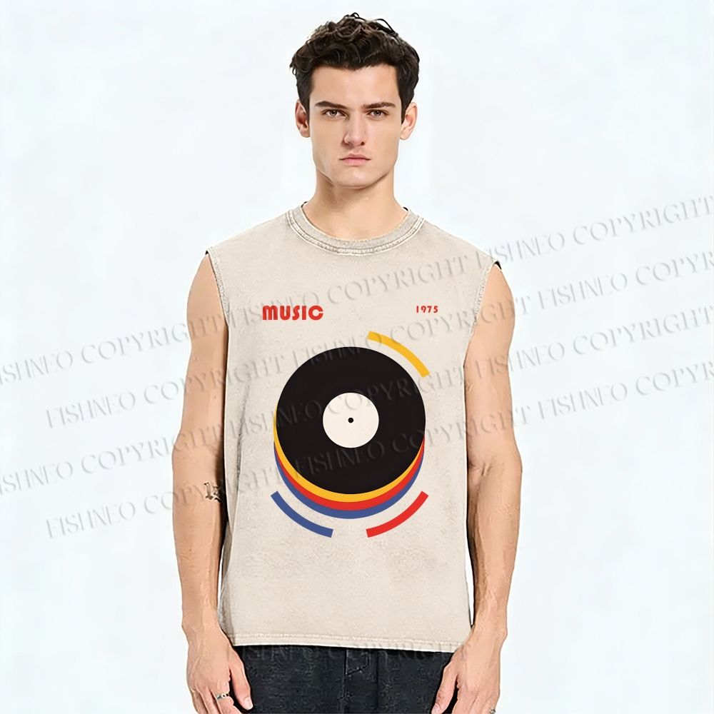 Unisex Vinyl Record Bauhaus Design Printed Washed Tank Top