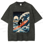 Unisex Japanese Cat Surf in Ukiyo-e Wave Printed Washed Tee