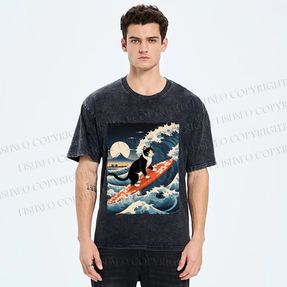 Unisex Japanese Cat Surf in Ukiyo-e Wave Printed Washed Tee