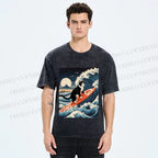 Unisex Japanese Cat Surf in Ukiyo-e Wave Printed Washed Tee
