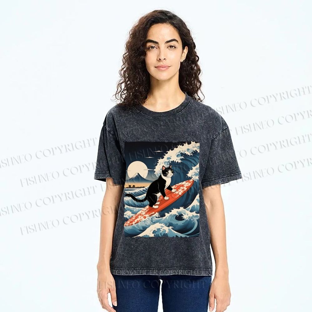 Unisex Japanese Cat Surf in Ukiyo-e Wave Printed Washed Tee