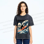 Unisex Japanese Cat Surf in Ukiyo-e Wave Printed Washed Tee