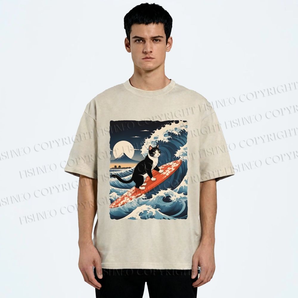 Unisex Japanese Cat Surf in Ukiyo-e Wave Printed Washed Tee