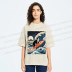 Unisex Japanese Cat Surf in Ukiyo-e Wave Printed Washed Tee