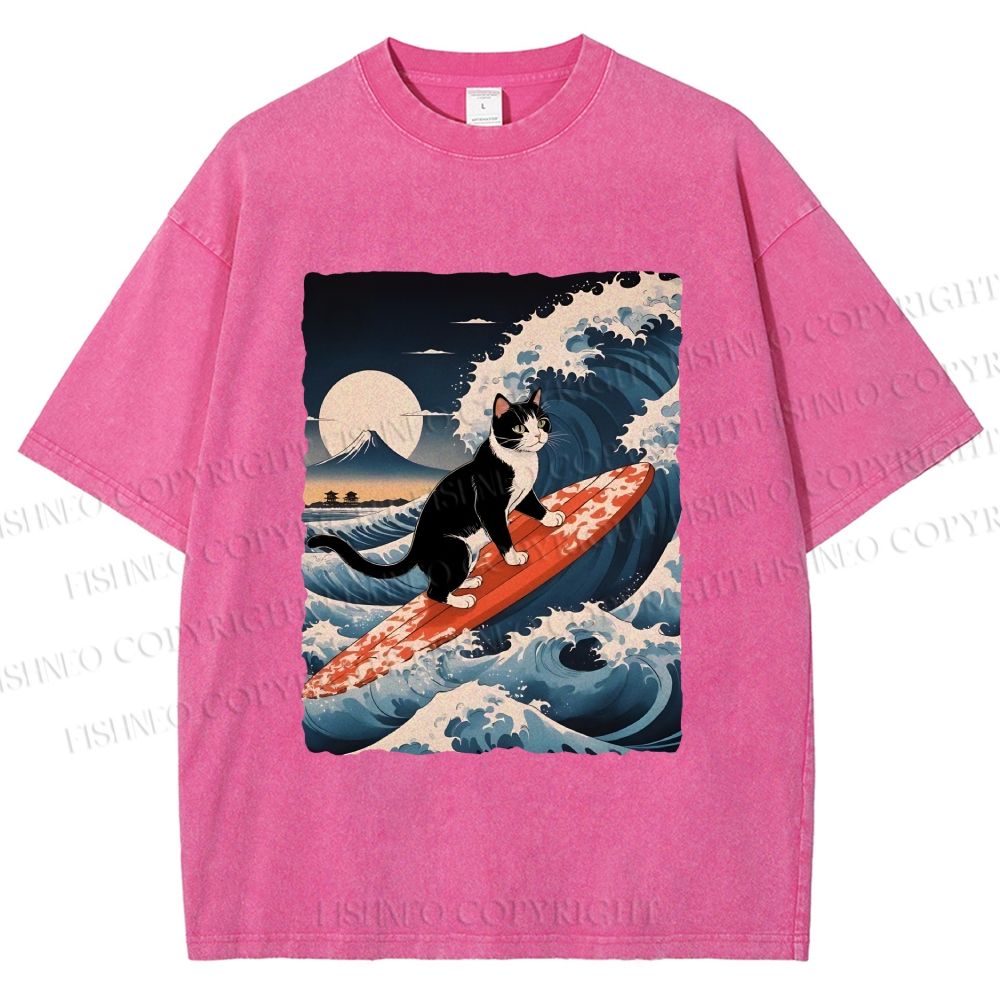 Unisex Japanese Cat Surf in Ukiyo-e Wave Printed Washed Tee