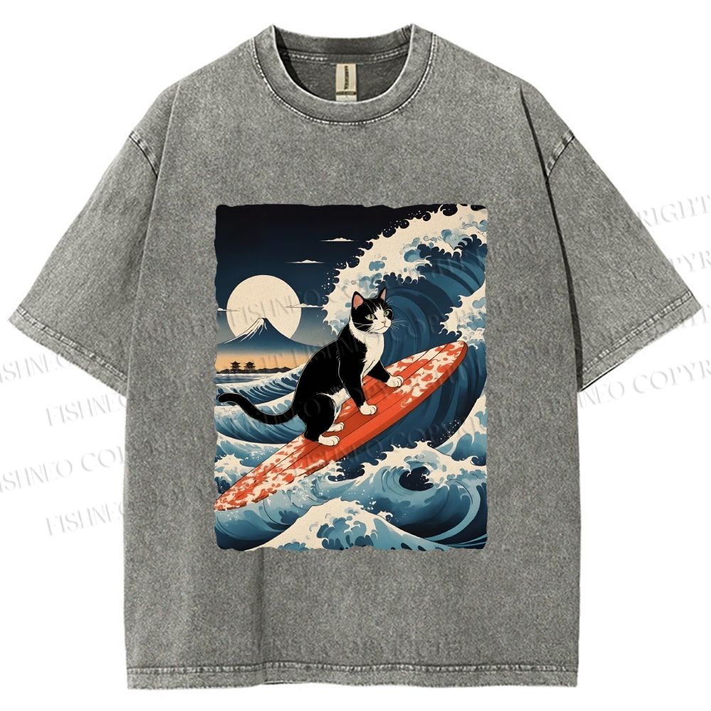 Unisex Japanese Cat Surf in Ukiyo-e Wave Printed Washed Tee