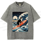 Unisex Japanese Cat Surf in Ukiyo-e Wave Printed Washed Tee