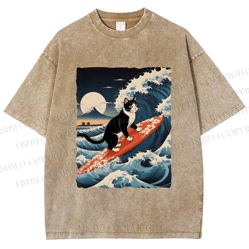 Unisex Japanese Cat Surf in Ukiyo-e Wave Printed Washed Tee
