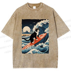 Unisex Japanese Cat Surf in Ukiyo-e Wave Printed Washed Tee