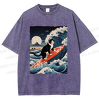 Unisex Japanese Cat Surf in Ukiyo-e Wave Printed Washed Tee