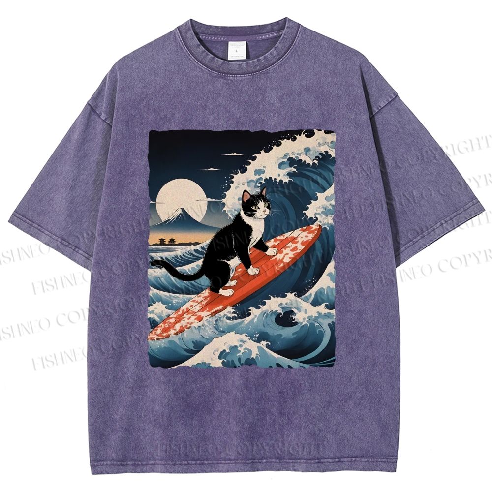 Unisex Japanese Cat Surf in Ukiyo-e Wave Printed Washed Tee