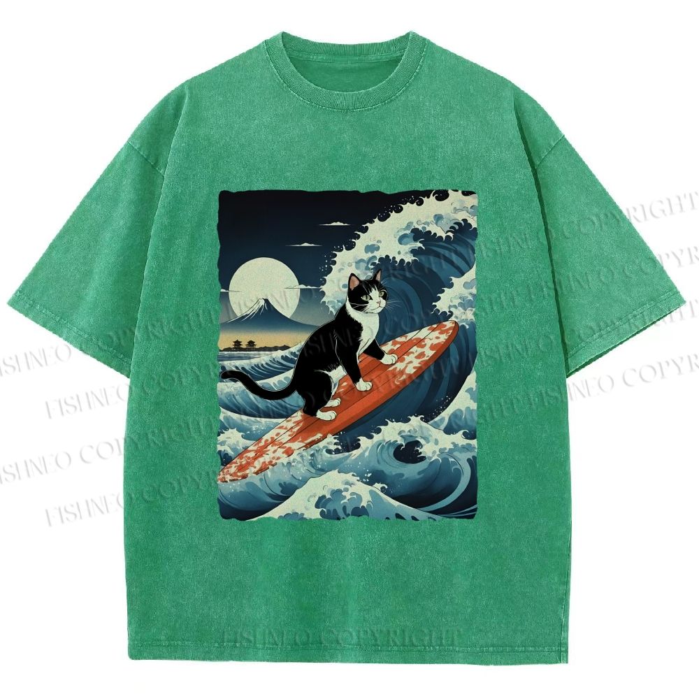 Unisex Japanese Cat Surf in Ukiyo-e Wave Printed Washed Tee
