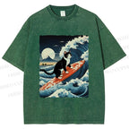 Unisex Japanese Cat Surf in Ukiyo-e Wave Printed Washed Tee