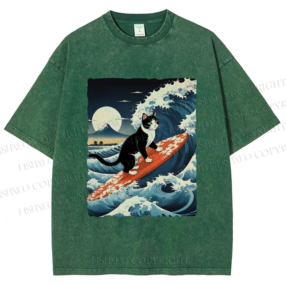 Unisex Japanese Cat Surf in Ukiyo-e Wave Printed Washed Tee
