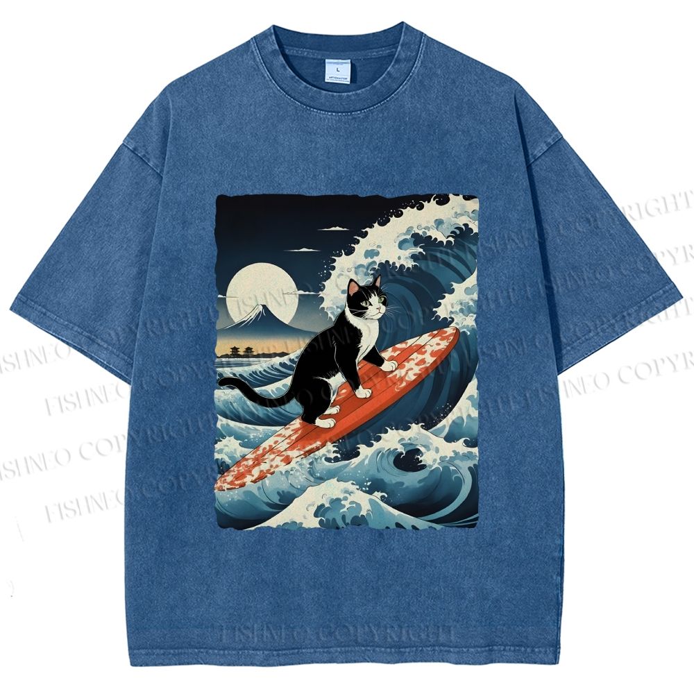 Unisex Japanese Cat Surf in Ukiyo-e Wave Printed Washed Tee