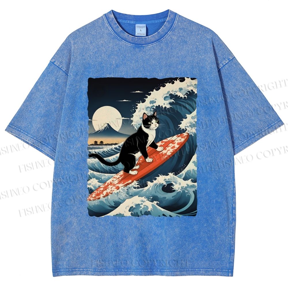 Unisex Japanese Cat Surf in Ukiyo-e Wave Printed Washed Tee