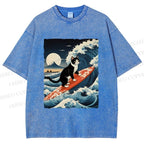 Unisex Japanese Cat Surf in Ukiyo-e Wave Printed Washed Tee