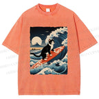 Unisex Japanese Cat Surf in Ukiyo-e Wave Printed Washed Tee