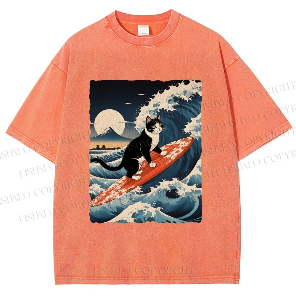 Unisex Japanese Cat Surf in Ukiyo-e Wave Printed Washed Tee