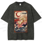 Unisex Vintage Japanese Ukiyo-e Fox Printed Washed Tee