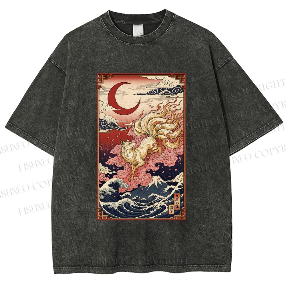 Unisex Vintage Japanese Ukiyo-e Fox Printed Washed Tee