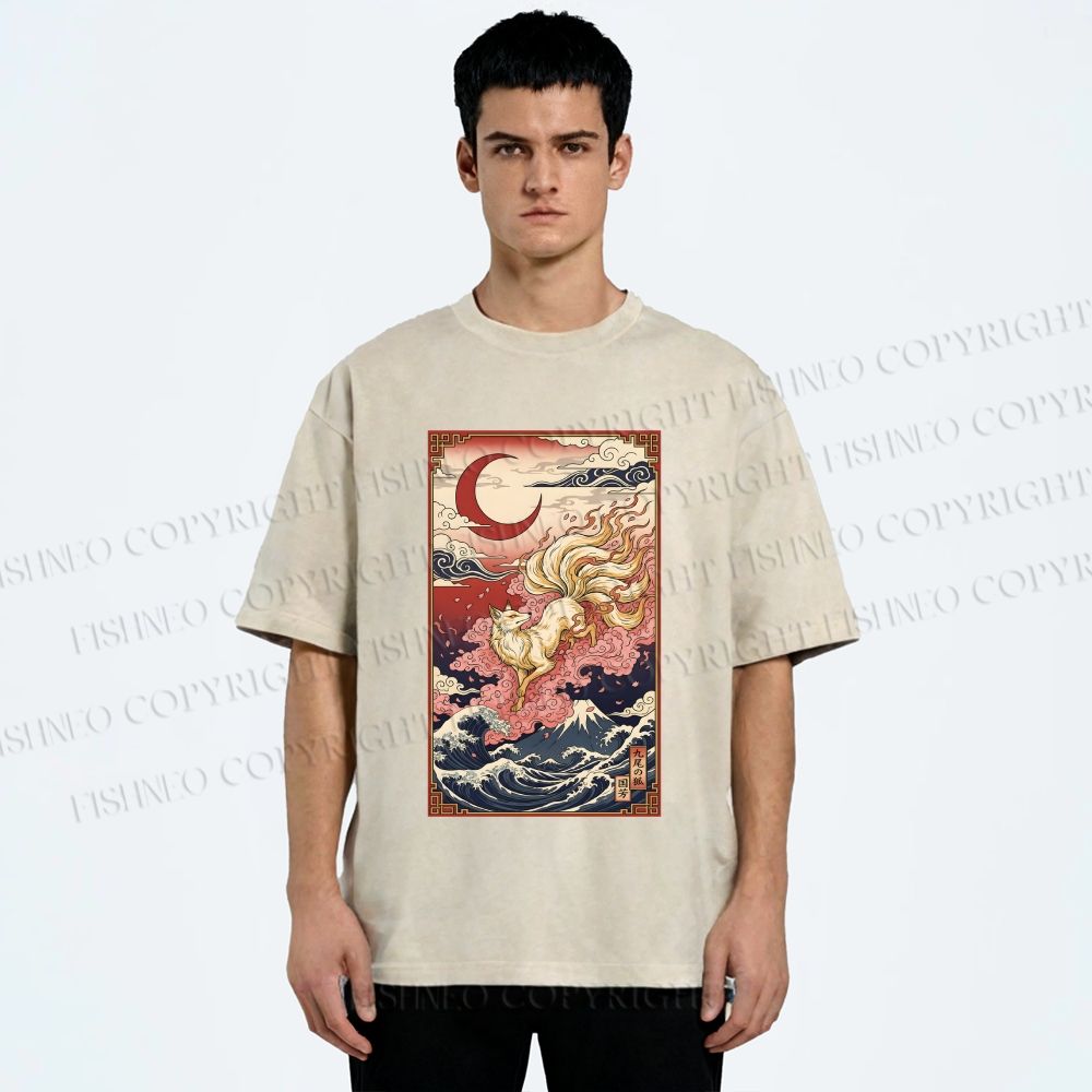 Unisex Vintage Japanese Ukiyo-e Fox Printed Washed Tee