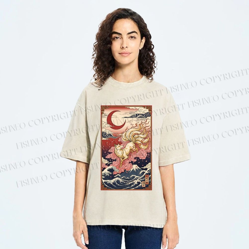 Unisex Vintage Japanese Ukiyo-e Fox Printed Washed Tee