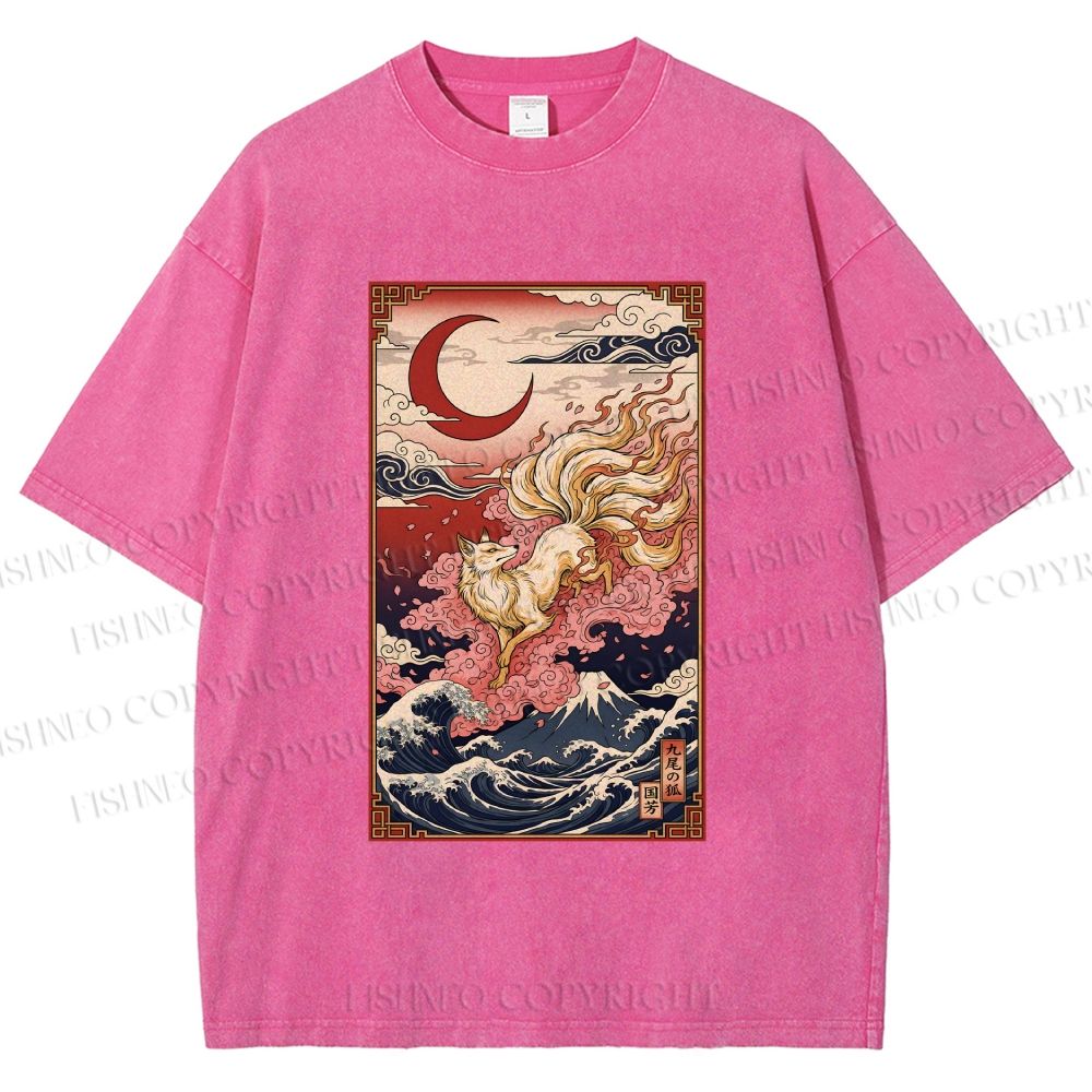 Unisex Vintage Japanese Ukiyo-e Fox Printed Washed Tee