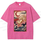 Unisex Vintage Japanese Ukiyo-e Fox Printed Washed Tee