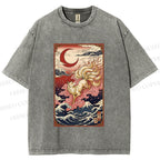 Unisex Vintage Japanese Ukiyo-e Fox Printed Washed Tee