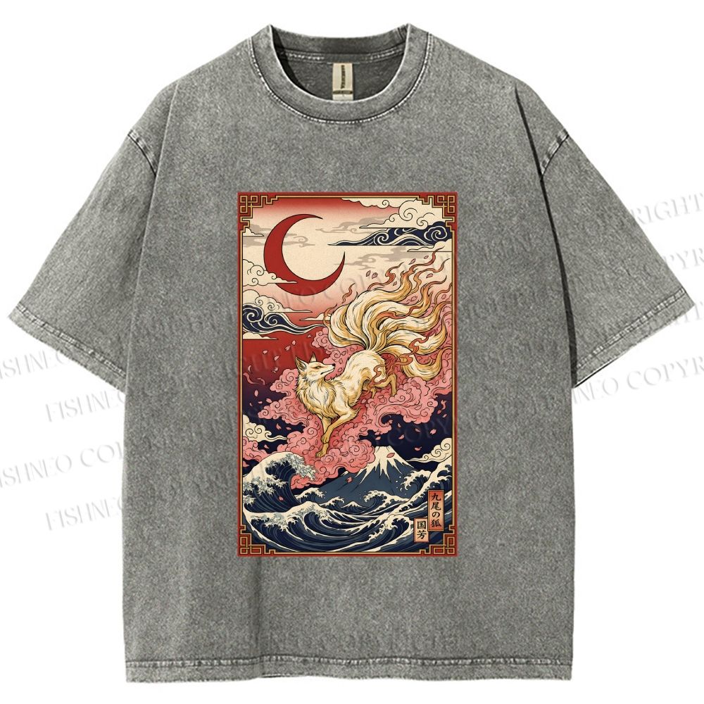 Unisex Vintage Japanese Ukiyo-e Fox Printed Washed Tee