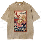 Unisex Vintage Japanese Ukiyo-e Fox Printed Washed Tee