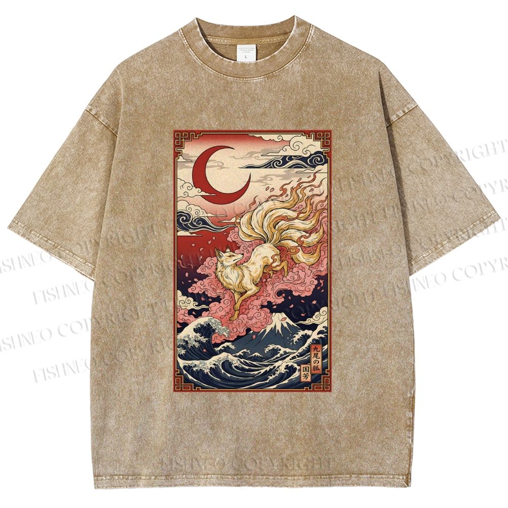 Unisex Vintage Japanese Ukiyo-e Fox Printed Washed Tee
