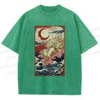 Unisex Vintage Japanese Ukiyo-e Fox Printed Washed Tee