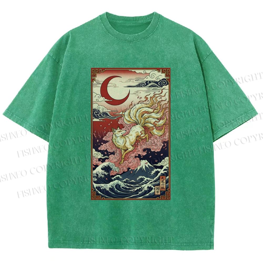 Unisex Vintage Japanese Ukiyo-e Fox Printed Washed Tee
