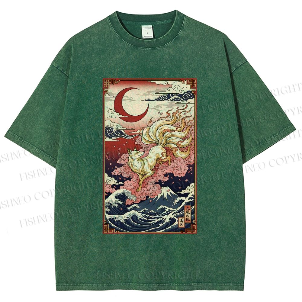 Unisex Vintage Japanese Ukiyo-e Fox Printed Washed Tee