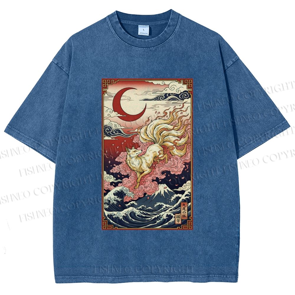 Unisex Vintage Japanese Ukiyo-e Fox Printed Washed Tee