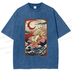 Unisex Vintage Japanese Ukiyo-e Fox Printed Washed Tee