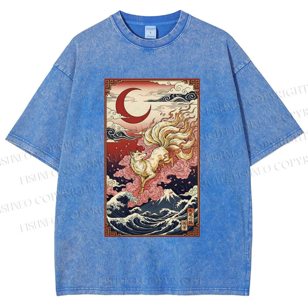 Unisex Vintage Japanese Ukiyo-e Fox Printed Washed Tee
