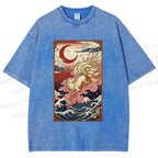 Unisex Vintage Japanese Ukiyo-e Fox Printed Washed Tee