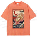 Unisex Vintage Japanese Ukiyo-e Fox Printed Washed Tee