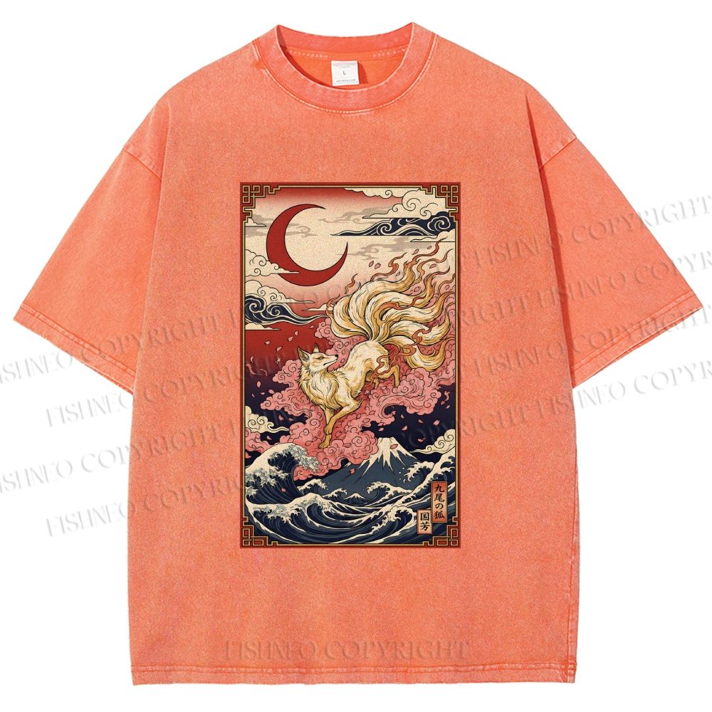 Unisex Vintage Japanese Ukiyo-e Fox Printed Washed Tee