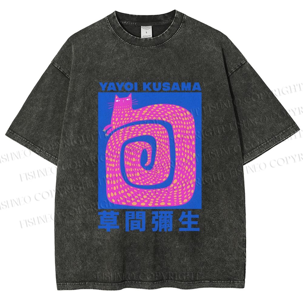 Unisex Yayoi Kusama Pink Cat in Circle Printed Washed Tee