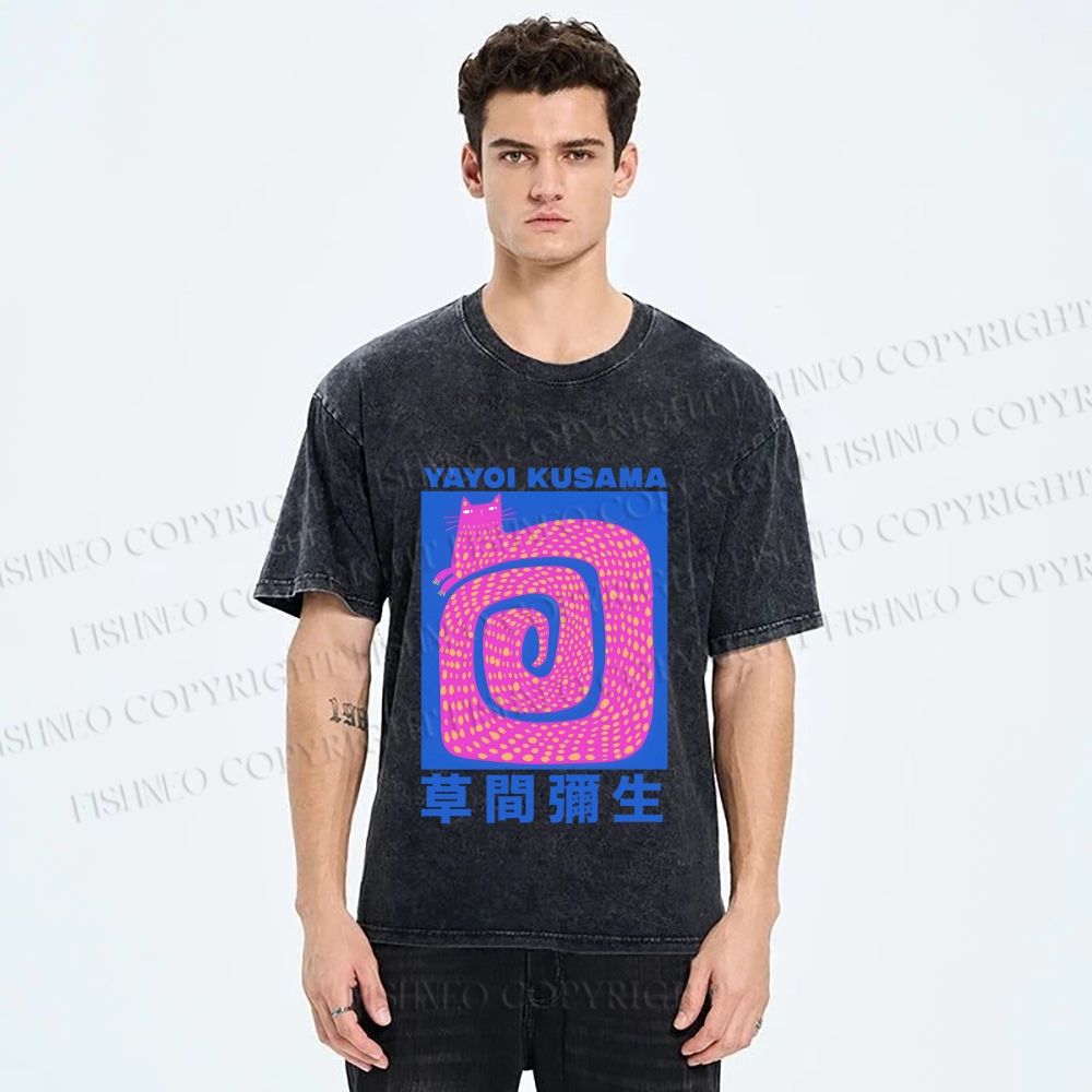 Unisex Yayoi Kusama Pink Cat in Circle Printed Washed Tee