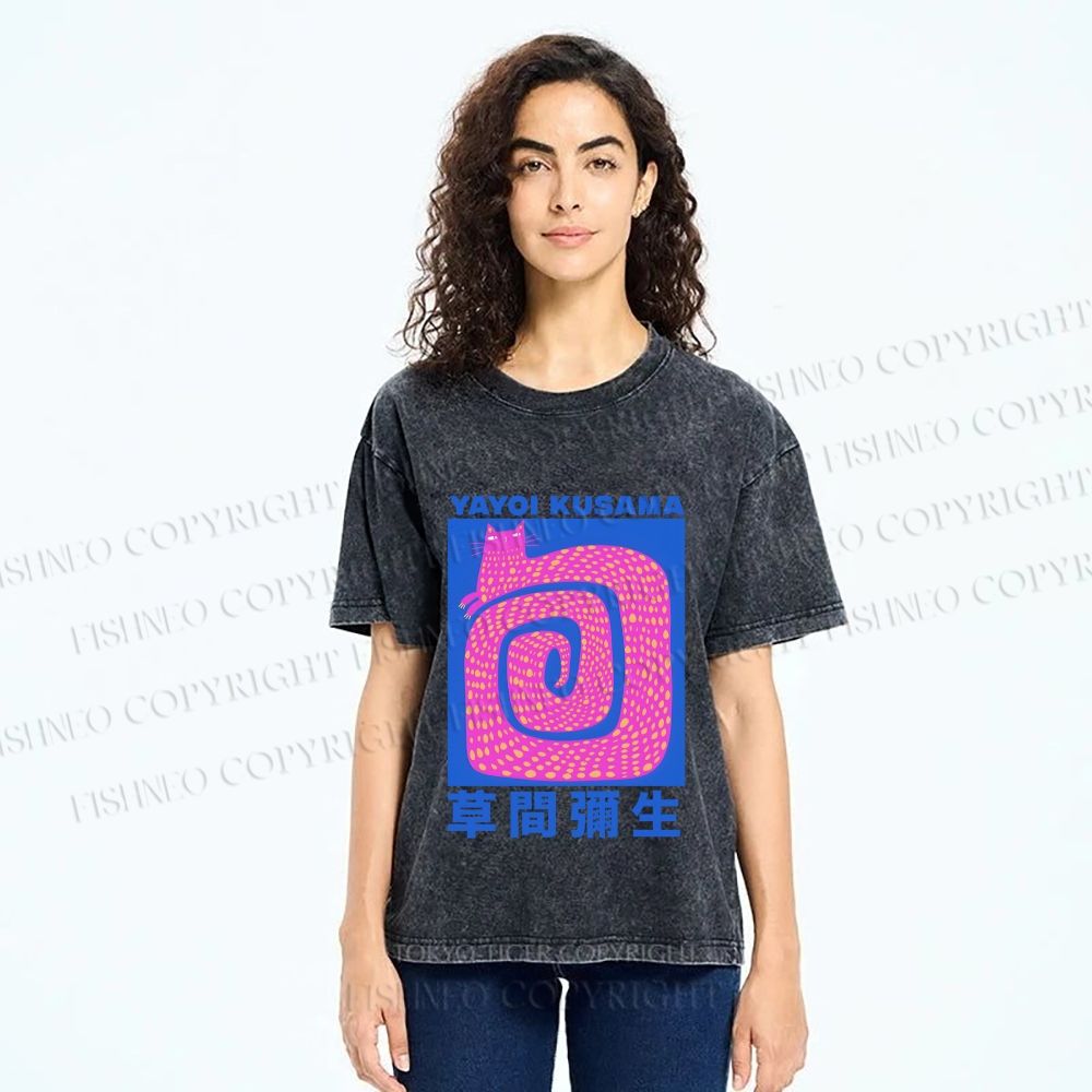 Unisex Yayoi Kusama Pink Cat in Circle Printed Washed Tee