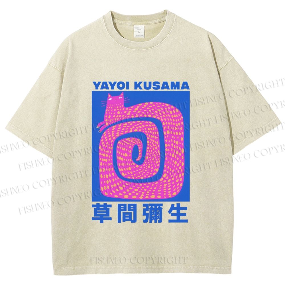 Unisex Yayoi Kusama Pink Cat in Circle Printed Washed Tee