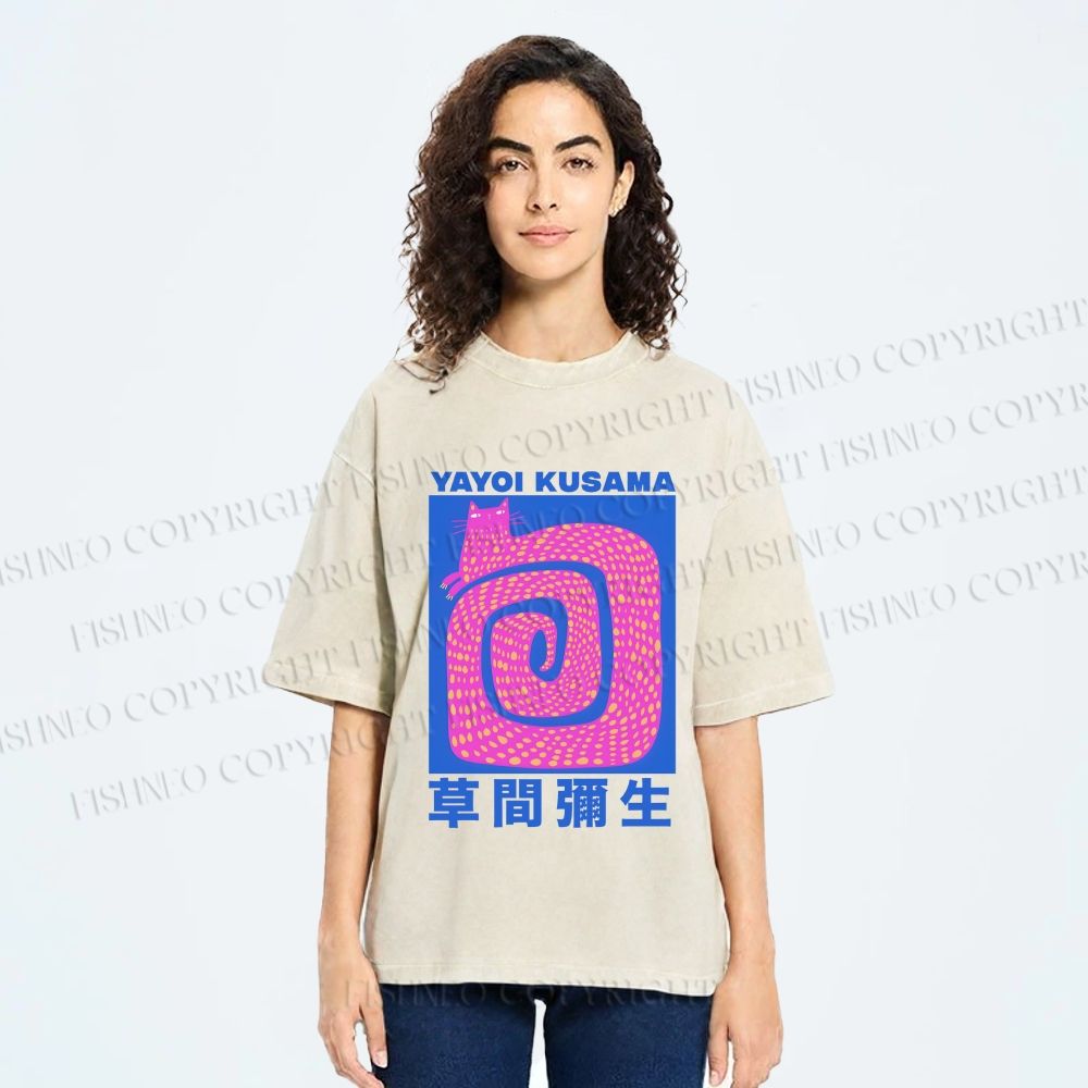 Unisex Yayoi Kusama Pink Cat in Circle Printed Washed Tee